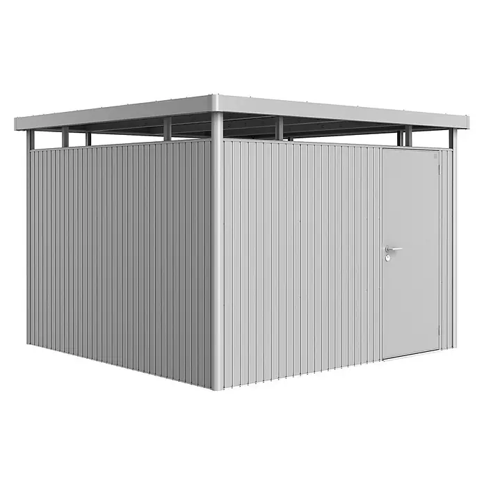 Biohort HighLine Gerätehaus - Silber-Metallic, Art Tür: Einzeltür, Außenmaß inkl. Dachüberstand (B x T): 314 x 314 cm, Stahl - Eine Metallgartenbox mit Tür. Ideal zum Verstauen von Gartengeräten und -möbeln. Robust und wetterfest.