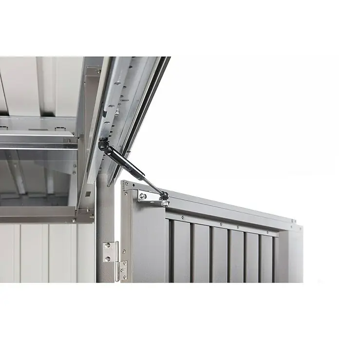 Biohort Gasdruckfeder -  - Detailansicht einer geöffneten Metallbox mit Gasdruckfeder, die den Deckel offen hält. Die Konstruktion ist robust und funktional.