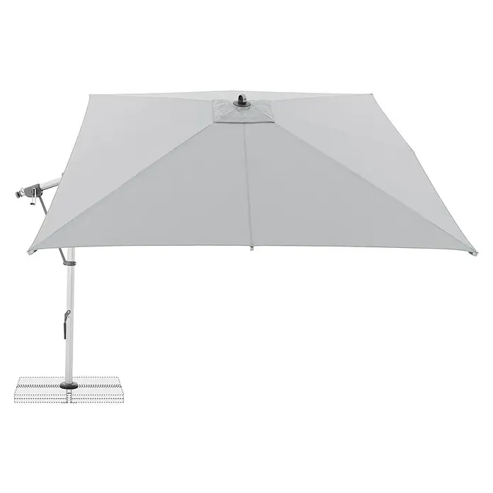 Doppler Expert Ampelschirm - Hellgrau, Bespannungsmaß (L x B): 300 x 300 cm - Ein quadratischer, grauer Sonnenschirm mit einem stabilen, weißen Standfuß bietet optimalen Schutz vor der Sonne.
