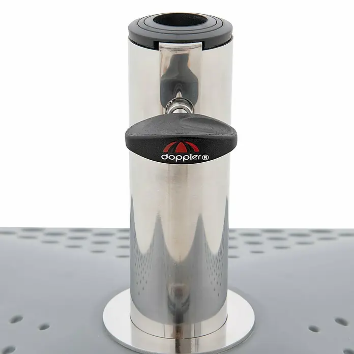 Doppler Schirmständer Active FILL-IT-3-in-1 - L x B: 48 x 48 cm, Kunststoff, Hellgrau - Doppler Sonnenschirmständer: Robuster, silberfarbener Metallständer mit schwarzem Griff und Doppler-Logo, ideal für den Außenbereich.
