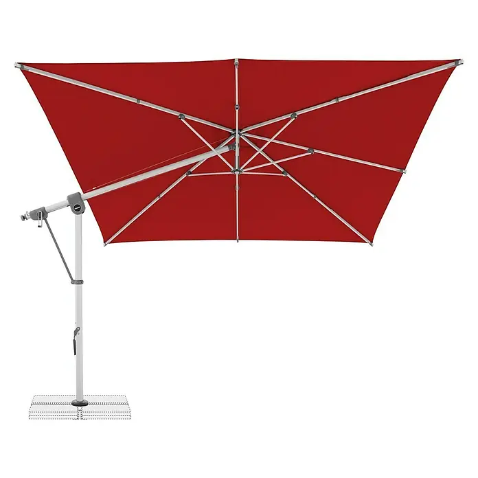 Doppler Expert Ampelschirm - Rot, Bespannungsmaß (L x B): 300 x 300 cm - Ein roter, quadratischer Sonnenschirm mit robustem, silbernem Gestell, ideal für den Sonnenschutz im Freien.
