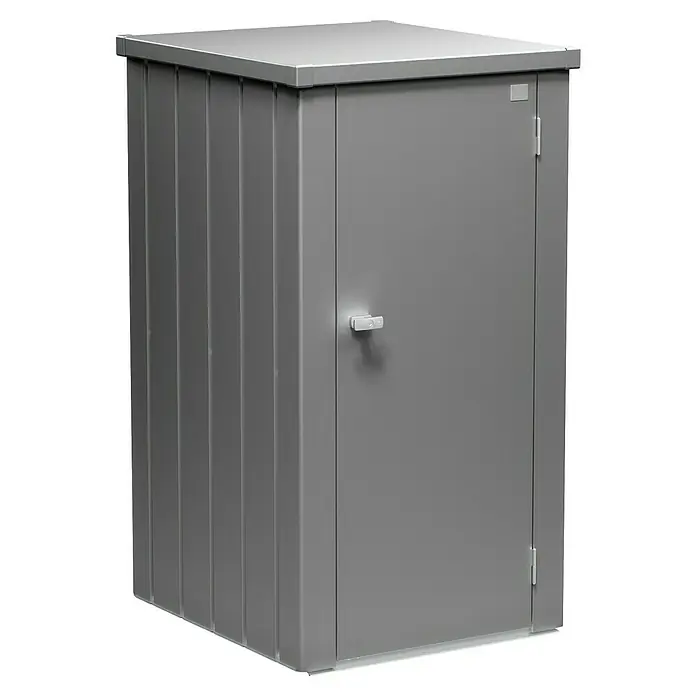 Biohort Julia Geräteschrank - Außenbreite inkl. Dachüberstand: 78 cm, Außentiefe inkl. Dachüberstand: 87 cm, Stahl, Quarzgrau Metallic - Grauer Metall-Gartenschrank mit Tür und Griff zur Aufbewahrung von Gartengeräten und Werkzeugen im Außenbereich.