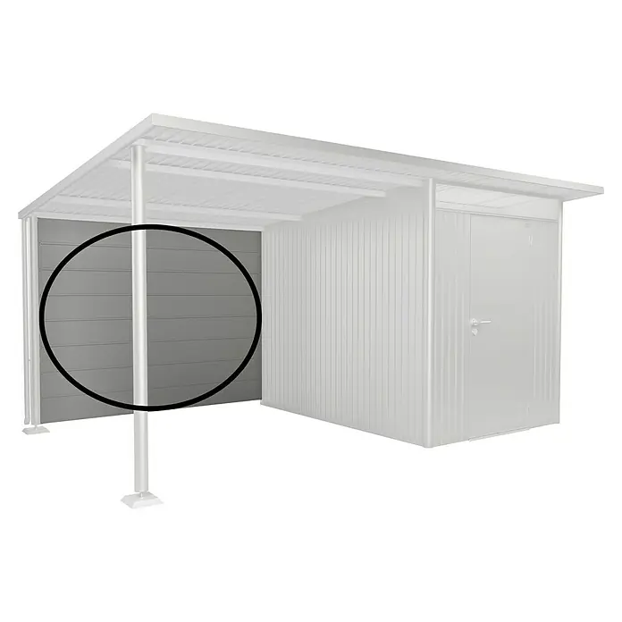 Biohort AvantGarde Rückwand - Passend für: Biohort AvantGarde Seitendach, Silber-Metallic - Abbildung einer grauen Wandverkleidung mit horizontalen Brettern und einem runden schwarzen Rahmen.