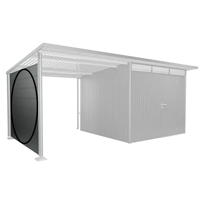Biohort AvantGarde Seitenwand - Passend für: Biohort AvantGarde Seitendach, B x H: 238 x 182 cm, Dunkelgrau-Metallic - Das Bild zeigt eine Nahaufnahme einer Metallgarage mit einer Tür. Die Garage ist in einem neutralen Grau gehalten und hat ein schlichtes Design.