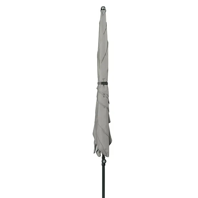Doppler Balkonschirm Sunline Neo Gastro - Hellgrau, Bespannungsmaß (L x B): 230 x 190 cm - Ein zusammengeklappter grauer Sonnenschirm steht auf einem dunklen Ständer und spendet Schatten. Perfekt für den Garten oder die Terrasse.