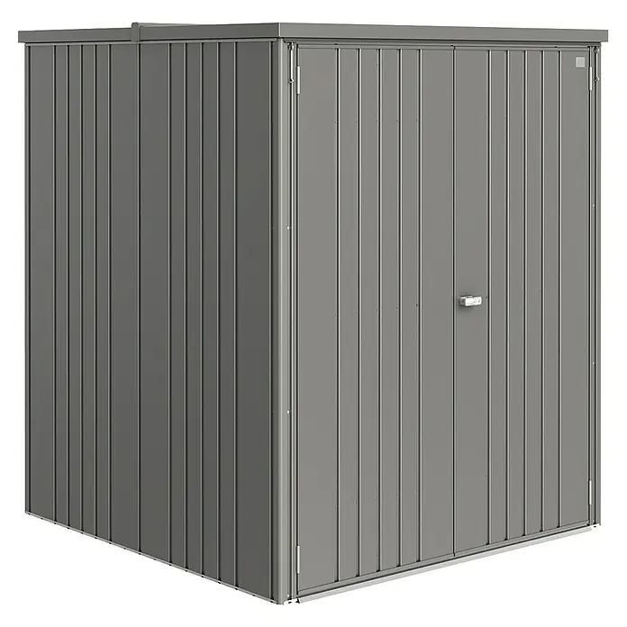 Biohort Geräteschrank - Außenmaß inkl. Dachüberstand (B x T): 156 x 155 cm, Stahl, Quarzgrau - Abgebildeter grauer Geräteschrank aus Metall. Praktischer Aufbewahrungsort für Werkzeug und Gartengeräte im Außenbereich.