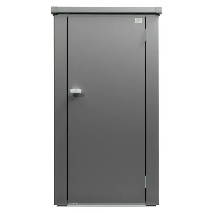 Biohort Julia Geräteschrank - Außenbreite inkl. Dachüberstand: 78 cm, Außentiefe inkl. Dachüberstand: 87 cm, Stahl, Quarzgrau Metallic - Graue begehbare Kühlraumtür mit Griff.