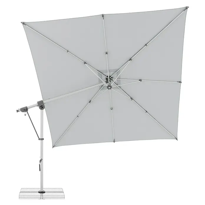 Doppler Expert Ampelschirm - Hellgrau, Bespannungsmaß (L x B): 300 x 300 cm - Ansicht von unten auf einen grauen, quadratischen Sonnenschirm mit Metallgestell. Er bietet optimalen Schutz vor der Sonne im Freien.
