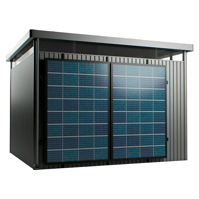 Biohort Neo Montage-Set für PV-Module - Passend für: Biohort Gerätehäuser Neo - Diese Aufnahme zeigt eine moderne Solaranlage, die optisch ansprechend in ein architektonisches Design integriert ist.