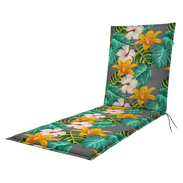 Doppler Liegenauflage Living - L x B x H: 195 x 60 x 6 cm, Kunststoff, Baumwolle, Gelb/Grün/Grau - Gartenstuhlauflage mit Blumenmuster. Diese bequeme Stuhlauflage verwandelt Ihren Gartenstuhl in eine tropische Oase mit leuchtenden Blumen und üppigen Blättern.