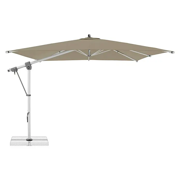 Doppler Expert Ampelschirm - Sand, Bespannungsmaß (L x B): 300 x 300 cm - Aufnahme des schwebenden Sonnenschirms mit beigem Baldachin, der auf einem robusten weißen Sockel steht. Ideal für den Außenbereich.