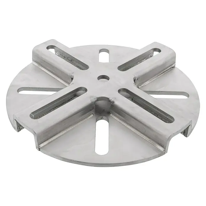Doppler Adapterplatte - Passend für: Passend für Granitplatte 140 Kg, Edelstahl - Metallbauteil mit zentralem Loch und radialen Schlitzen. Ideal für industrielle Anwendungen und sichere Verbindungen.