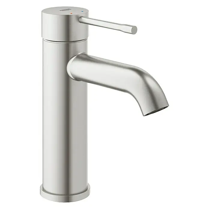 Grohe Essence New Waschtischarmatur S-Size - Ohne Zugstange, Supersteel, Matt - Moderne Waschtischarmatur in gebürstetem Nickel. Minimalistisches Design für jedes Badezimmer.