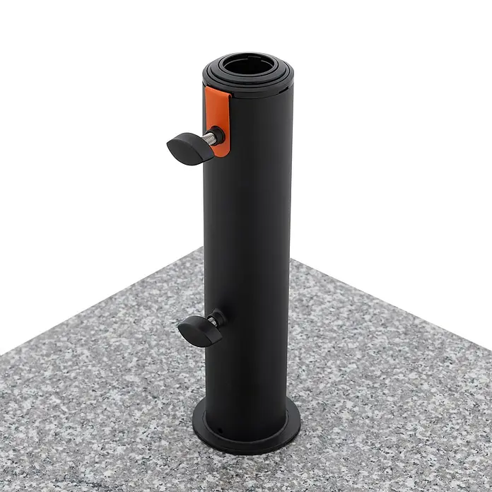 Doppler Granitschirmständer MyZone - 70,5 kg, Passend für: Doppler MyZone Sonnenschirme - Detailaufnahme eines schwarzen Sonnenschirmständers mit Granitfuß, der Stabilität und Stil für den Außenbereich bietet.