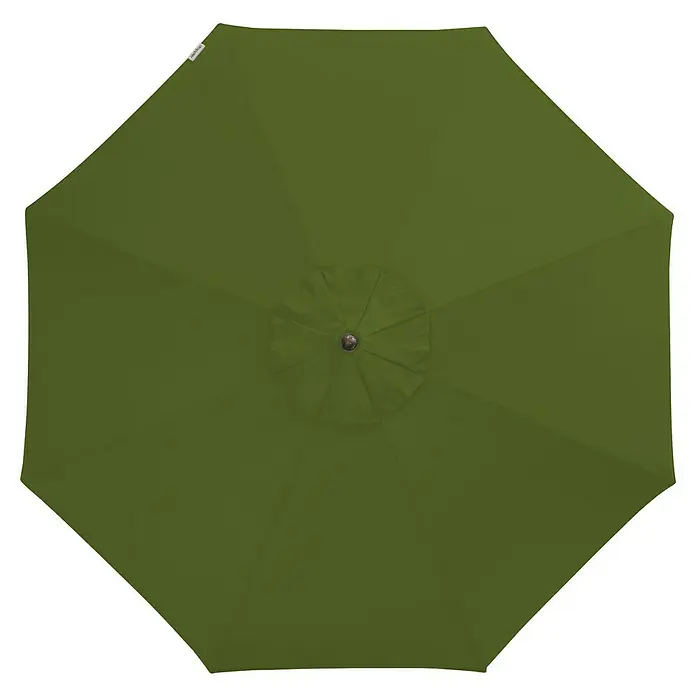 Doppler Alu Wood Marktschirm rund Ultra - Kiwi, Durchmesser Bespannung: 350 cm - Draufsicht eines olivgrünen Sonnenschirms, der Schatten und Schutz im Freien bietet. Ideal für Garten, Terrasse oder Poolbereiche.