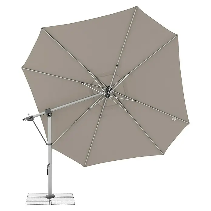 Doppler Expert Ampelschirm 400 - Sand, Durchmesser Bespannung: 400 cm - Nahaufnahme eines quadratischen Sonnenschirms mit grauem Schirm und silbernem Gestell, der Schatten spendet.