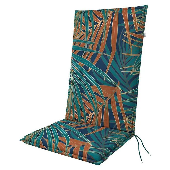 Doppler Sitzauflage Living - Hochlehner, L x B x H: 119 x 48 x 6 cm, Türkis/Orange - Eine dekorative Sitzauflage mit einem tropischen Blattmuster in Blau-, Grün- und Brauntönen, ideal für Gartenmöbel.