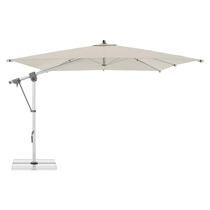 Doppler Expert Ampelschirm - Natur, Bespannungsmaß (L x B): 300 x 300 cm - Bild einer freistehenden Markise mit beigem Stoff und weißem Gestell für den Außenbereich.