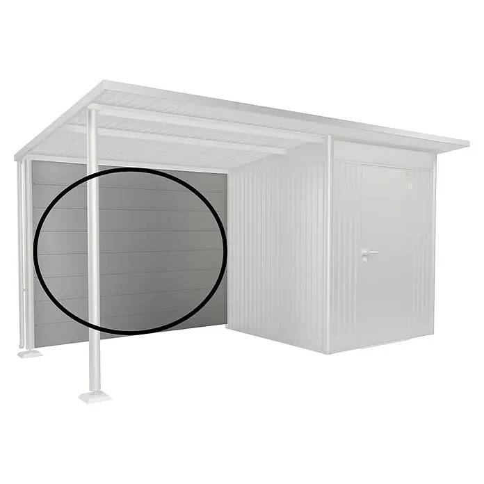 Biohort AvantGarde Rückwand - Passend für: Biohort AvantGarde Seitendach, Silber-Metallic - Nahaufnahme einer grauen Metall-Gerätebox mit horizontaler Ausrichtung, die Stabilität und Schutz für Gartengeräte bietet.