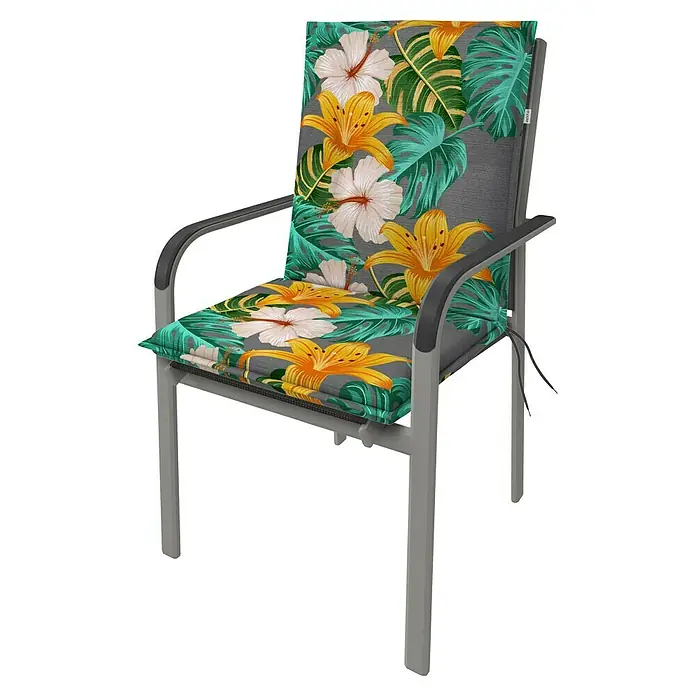 Doppler Sitzauflage Living - Niederlehner, L x B x H: 100 x 48 x 6 cm, Kunststoff, Baumwolle, Grün/Orange - Gartenstuhl mit buntem Blumenmusterkissen. Bequemer Stuhl mit einem grauen Rahmen und einem Blumenkissen für den Garten.