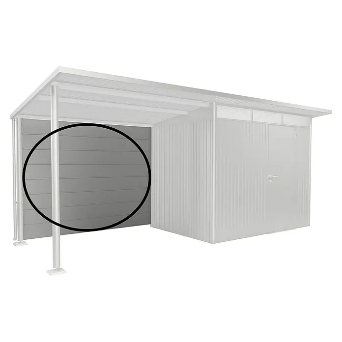 Biohort AvantGarde Rückwand - Passend für: Biohort AvantGarde Seitendach, Silber-Metallic - Ansicht eines modernen Geräteschuppens mit grauer Seitenwand und stabilem Stützpfosten unter einem schützenden Dach.