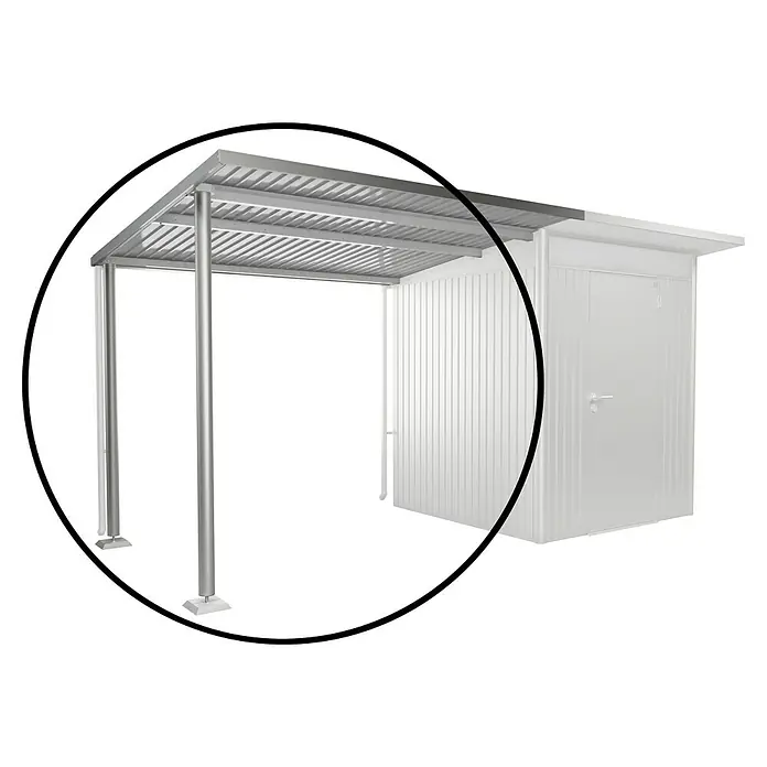 Biohort AvantGarde Seitendach - Passend für: Biohort AvantGarde Gerätehaus A1, A5, L x B x H: 220 x 243 x 218 cm, Silber-Metallic, Stahl - Eine Metallkonstruktion mit überdachtem Unterstand und angrenzendem Gebäude, ideal als Carport oder Lagerraum.