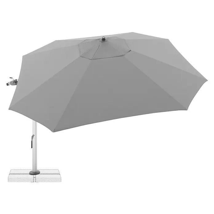 Doppler Expert Ampelschirm 400 - Hellgrau, Durchmesser Bespannung: 400 cm - Nahaufnahme eines grauen Sonnenschirms auf einem weißen Ständer, der Schatten und Schutz vor der Sonne bietet.