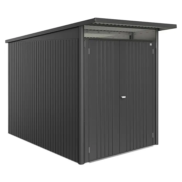 Biohort AvantGarde Gerätehaus Eco A3 - Außenmaß inkl. Dachüberstand (B x T): 180 x 300 cm, Dunkelgrau Metallic, Doppeltür, Stahl - Das Bild zeigt ein modernes, anthrazitfarbenes Gerätehaus mit Lamellenstruktur und einem leicht geneigten Dach. Ideal für die Gartenaufbewahrung.