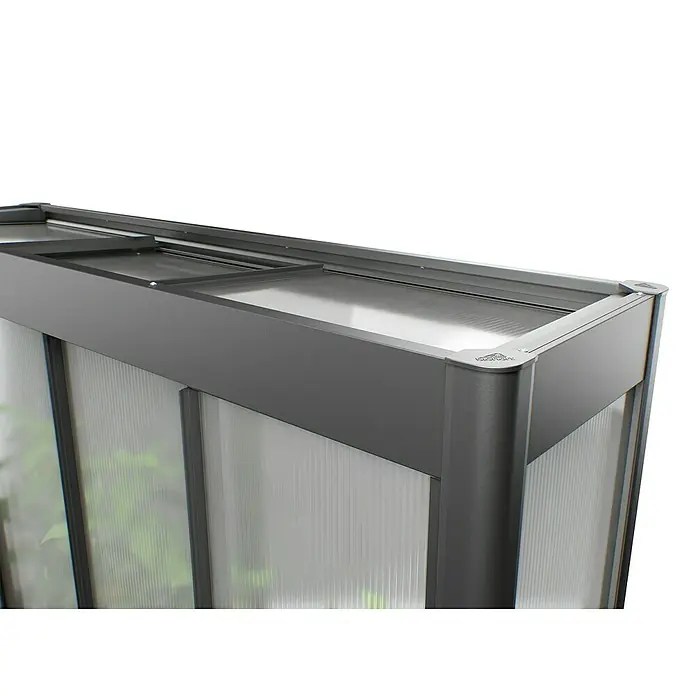Biohort Florentina Hochbeet-Abdeckung Florentina - L x B x H: 104 x 201,6 x 136,4 mm, Dunkelgrau Metallic - Detailaufnahme eines Gewächshauses mit Polycarbonatplatten und grauen Rahmen.