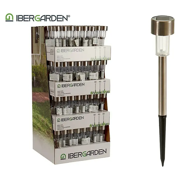 Estaca solar - L x An x Al: 4,5 x 4,5 x 31 cm, Plateado - Imagen de un expositor de luces solares Ibergarden y una luz solar individual.