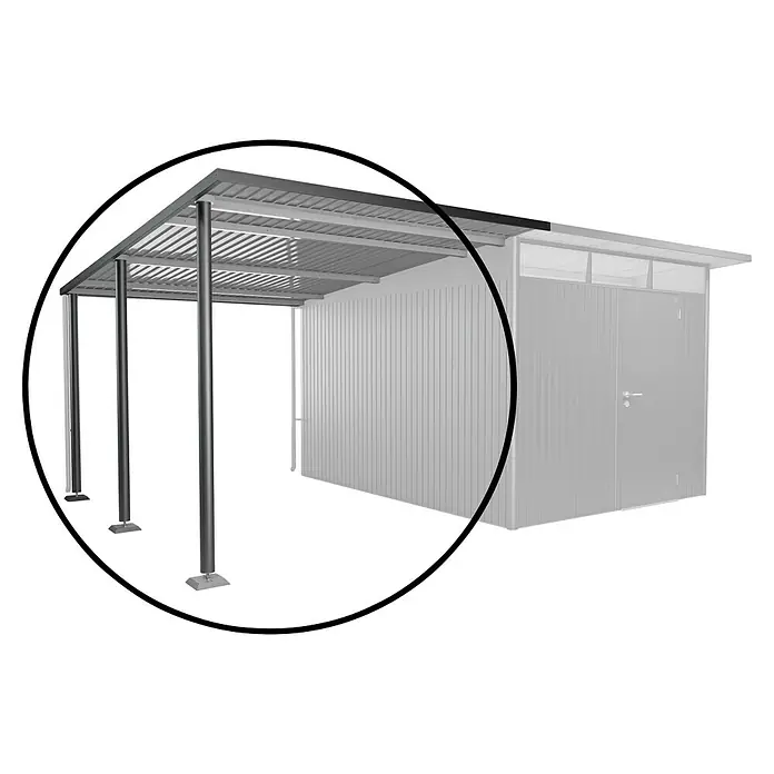 Biohort AvantGarde Seitendach - Passend für: Biohort AvantGarde Gerätehaus A4, A8, L x B x H: 340 x 243 x 222 cm, Dunkelgrau-Metallic, Stahl - Produktbild einer Stahlkonstruktion mit Überdachung, ideal für Lagerung oder als Unterstand. Robuste Bauweise für langfristige Nutzung.