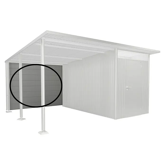 Biohort AvantGarde Rückwand - Passend für: Biohort AvantGarde Seitendach, Silber-Metallic - Produktansicht eines grauen Gerätehauses mit flachem Dach und seitlicher Wandverkleidung.