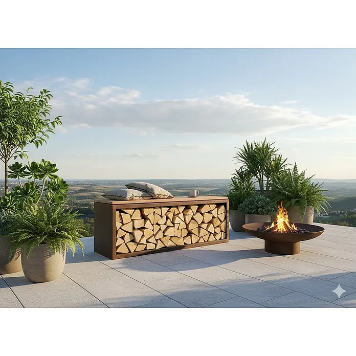 Palatino Exclusive Line Kaminholzregal Woodpecker Pro - 120 x 40 x 50 cm, Stahl, Edelrost - Moderne Außenanlage mit Feuerstelle, Holzlagerbank mit Polster und Pflanzen in Töpfen auf einer Terrasse mit Ausblick.
