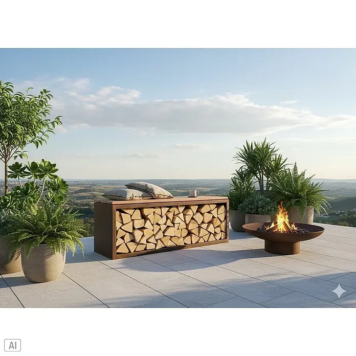 Palatino Exclusive Line Kaminholzregal Woodpecker Pro - 120 x 40 x 50 cm, Stahl, Edelrost - Moderne Außenanlage mit Feuerstelle, Holzlagerbank mit Polster und Pflanzen in Töpfen auf einer Terrasse mit Ausblick.