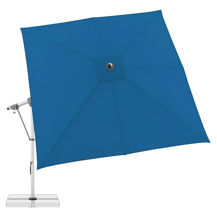 Doppler Expert Ampelschirm - Aquamarin, Bespannungsmaß (L x B): 300 x 300 cm - Ein blauer, quadratischer Sonnenschirm auf einem stabilen, weißen Sockel bietet optimalen Schatten und Schutz vor der Sonne.