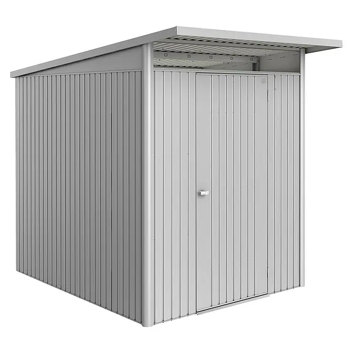 Biohort AvantGarde Gerätehaus Eco A2 - Außenmaß inkl. Dachüberstand (B x T): 180 x 260 cm, Silber Metallic, Einzeltür, Stahl - Eine Metallgartenbox mit einer Tür, ideal für die Aufbewahrung von Gartengeräten und -möbeln. Die Box ist robust und wetterfest.