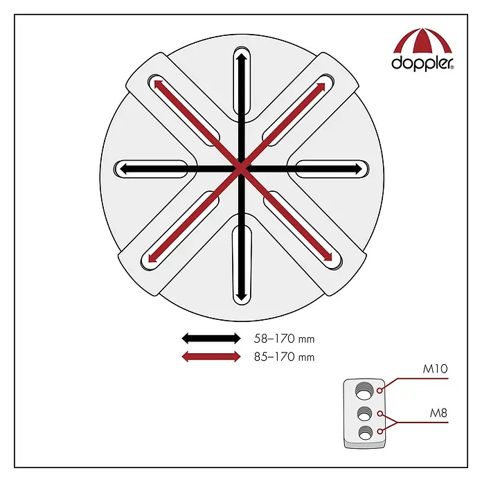 Doppler Adapterplatte - Passend für: Passend für Granitplatte 140 Kg, Edelstahl - Abbildung einer Doppler-Basis mit Maßangaben und Schraubenlochdetails für die Befestigung.