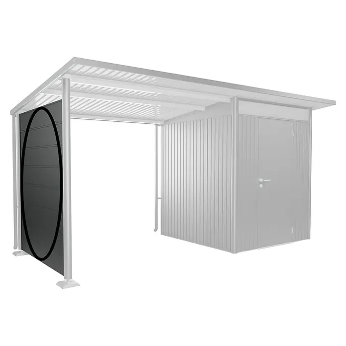 Biohort AvantGarde Seitenwand - Passend für: Biohort AvantGarde Seitendach, B x H: 157 x 182 cm, Dunkelgrau-Metallic - Abbildung eines freistehenden Metallschuppens mit offenem Unterstand, ideal zur Lagerung oder als Unterstand.