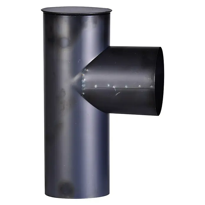 Firefix Kapselknie - Durchmesser: 120 mm, Feueraluminiert, Blauglanz - Das Produkt ist ein T-Stück für Rauchrohre, hergestellt aus robustem, schwarzem Stahl, ideal für den Anschluss von Ofenrohren.
