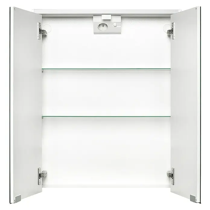 Sieper LED-Spiegelschrank KHX 60 - B x H: 60 x 74 cm, Holz, Holzdekor Weiß/Weiß - Produktansicht eines offenen weißen Spiegelschranks mit Glasböden und integrierter Steckdose.