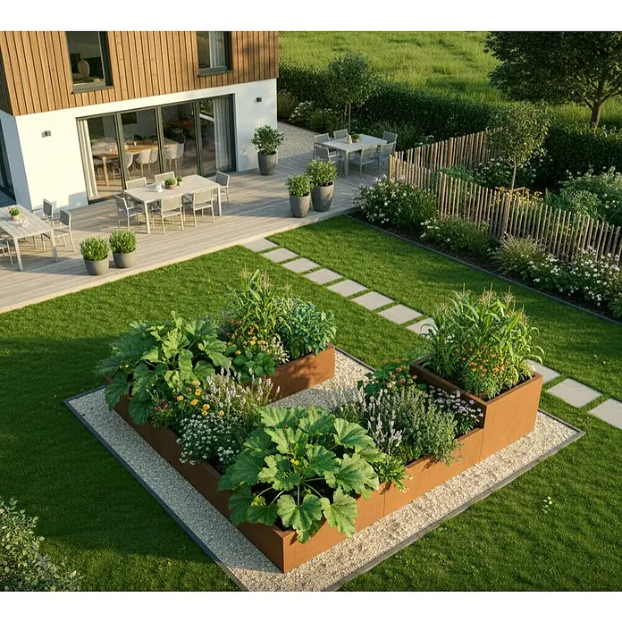 Palatino Exclusive Line Pflanzkasten Carlotta - Außenmaß (L x B x H): 120 x 40 x 25 cm, Metall, Rotbraun - Bild eines erhöhten Gartenbeets mit üppigem Gemüse in einem gepflegten Garten mit Terrasse und Holzhaus.
