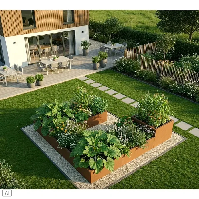 Palatino Exclusive Line Pflanzkasten Carlotta - Außenmaß (L x B x H): 120 x 40 x 25 cm, Metall, Rotbraun - Bild eines erhöhten Gartenbeets mit üppigem Gemüse in einem gepflegten Garten mit Terrasse und Holzhaus.