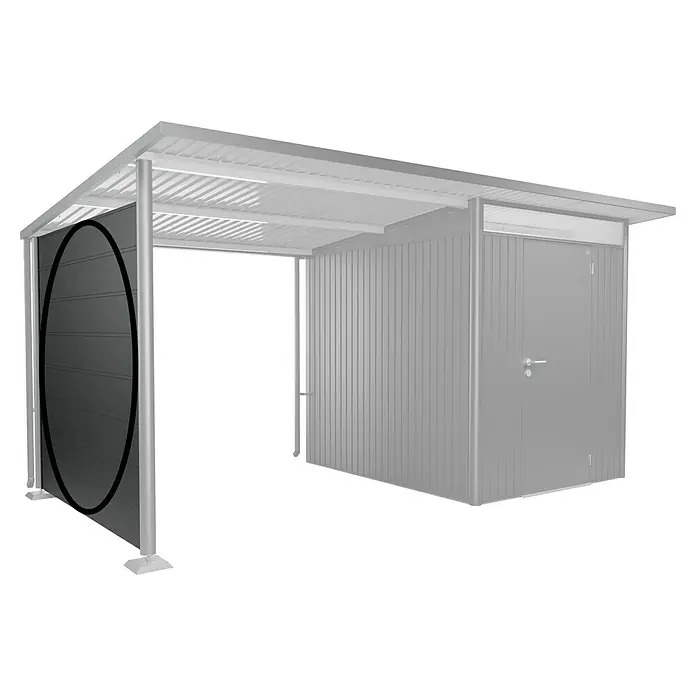 Biohort AvantGarde Seitenwand - Passend für: Biohort AvantGarde Seitendach, B x H: 197 x 182 cm, Dunkelgrau-Metallic - Abbildung eines modernen Metallgerätehauses mit abschließbarer Tür und überdachtem Lagerplatz für Gartengeräte.