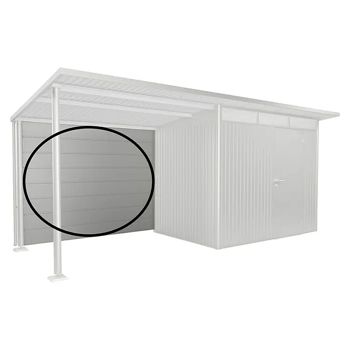 Biohort AvantGarde Rückwand - Passend für: Biohort AvantGarde Seitendach, Silber-Metallic - Abbildung eines Metallschuppens mit horizontaler Paneelwand im Fokus. Das Design ist schlicht und funktional gestaltet.