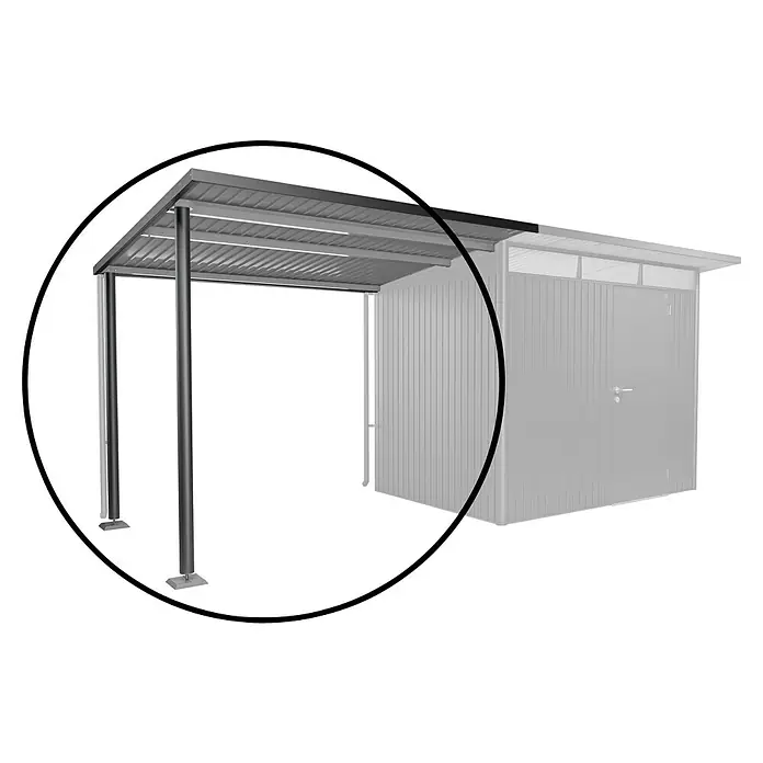 Biohort AvantGarde Seitendach - Passend für: Biohort AvantGarde Gerätehaus A1, A5, L x B x H: 220 x 243 x 218 cm, Dunkelgrau-Metallic, Stahl - Ein modernes Carport-Design mit robusten Stützpfeilern und einer stabilen Dachkonstruktion, ideal als Unterstand für Fahrzeuge.