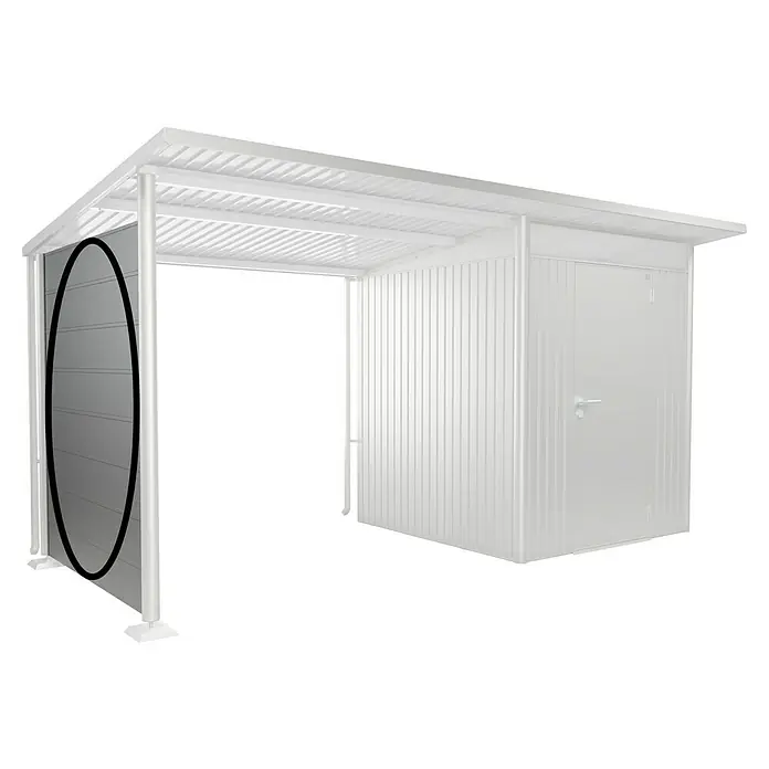 Biohort AvantGarde Seitenwand - Passend für: Biohort AvantGarde Seitendach, B x H: 157 x 182 cm, Silber-Metallic - Produktbild eines Gerätehauses mit Überdachung, ideal zur Aufbewahrung von Gartengeräten und Fahrrädern, wetterfest und robust.