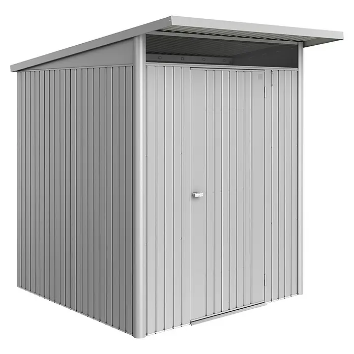 Biohort AvantGarde Gerätehaus Eco A1 - Außenmaß inkl. Dachüberstand (B x T): 180 x 220 cm, Silber Metallic, Einzeltür, Stahl - Gartenschrank aus Metall in Grau. Praktische Aufbewahrungslösung für den Außenbereich, ideal für Werkzeuge und Gartengeräte.