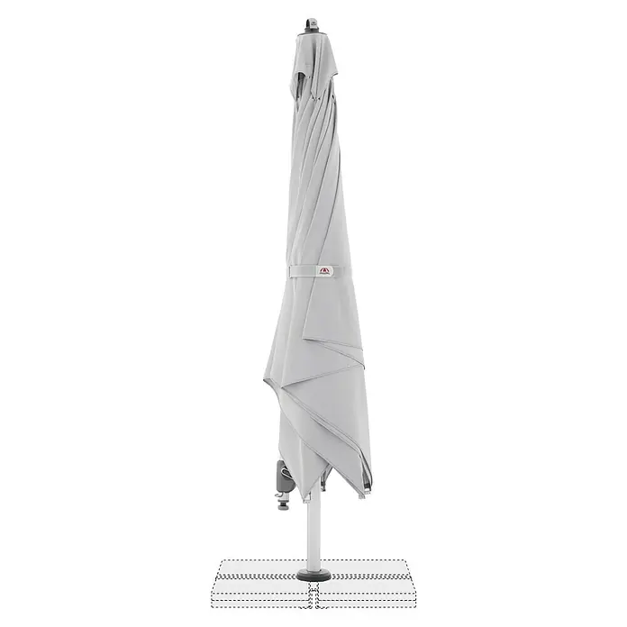 Doppler Expert Ampelschirm - Hellgrau, Bespannungsmaß (L x B): 300 x 300 cm - Nahaufnahme eines geschlossenen, grauen Sonnenschirms mit weißem Ständer und rotem Logo. Ideal für den stilvollen Sonnenschutz im Freien.