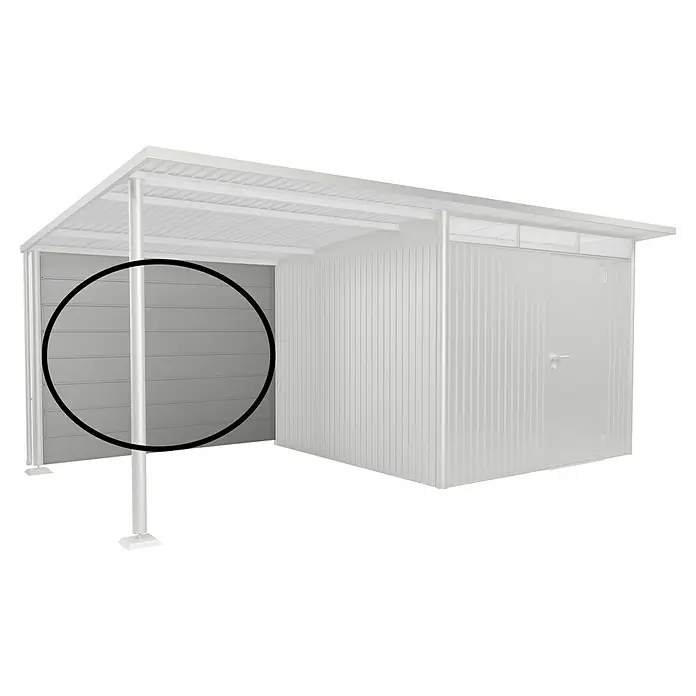 Biohort AvantGarde Rückwand - Passend für: Biohort AvantGarde Seitendach, Silber-Metallic - Abbildung eines Geräteschuppens mit grauem Holzpaneel und Metallstruktur unter einem Vordach.