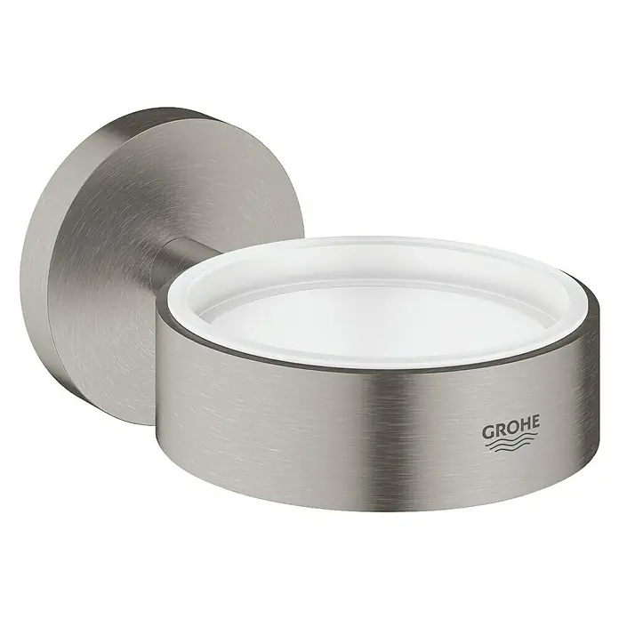 Grohe Essentials Becher- & Seifenhalter - Supersteel, Glänzend - Wandseifenschale der Marke GROHE mit Halterung und einem herausnehmbaren, weißen Kunststoffeinsatz zur einfachen Reinigung.